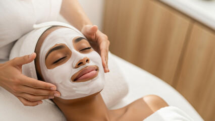 A relaxed woman receiving a facial mask treatment at a beauty spa. An esthetician applies a cosmetic cream for a skincare procedure