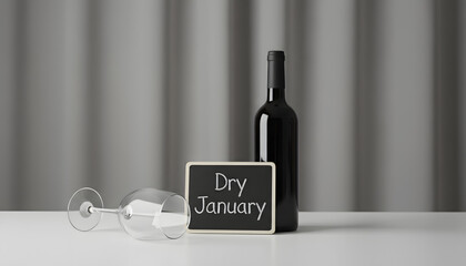 A minimalist Dry January poster concept featuring a closed wine bottle, an empty tipped wine glass, and a small chalkboard sign. Clean grey background symbolizes sobriety, reset, and mindful habits.