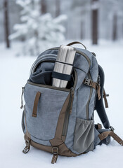 Thermos in winter backpack. Grey backpack with thermos resting on snowy background  