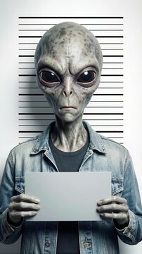 Alien creature in denim clothing holding blank card. Multi-angle camera documentation with measurement reference scale.