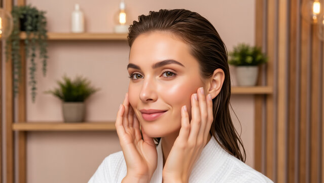 Young woman with glowing healthy skin touching her face. Natural beauty and skincare routine concept. Portrait of a happy model after a shower in a spa