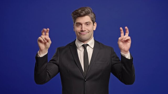 Skeptic Businessman With Hands Two Fingers Air Quotes On Blue, Sarcasm,Cynicism