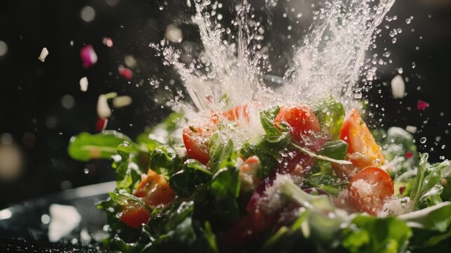 A vibrant salad being tossed, showcasing fresh ingredients and cooking action