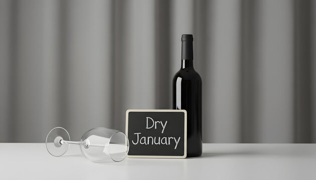 A minimalist Dry January poster concept featuring a closed wine bottle, an empty tipped wine glass, and a small chalkboard sign. Clean grey background symbolizes sobriety, reset, and mindful habits. - Powered by Adobe