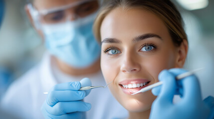 Dental checkup procedure on patient, dentist and assistant with tools, overhead light, clinical clarity, with copy space