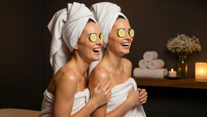 Two happy women with cucumber slices on eyes laughing during spa treatment. Friends enjoying skincare facial therapy with towels on heads
