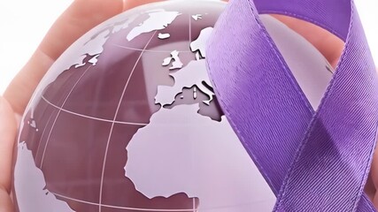Close-up of hands gently holding a transparent globe with a purple awareness ribbon wrapped around it, symbolizing global unity and support for important causes like cancer awareness.