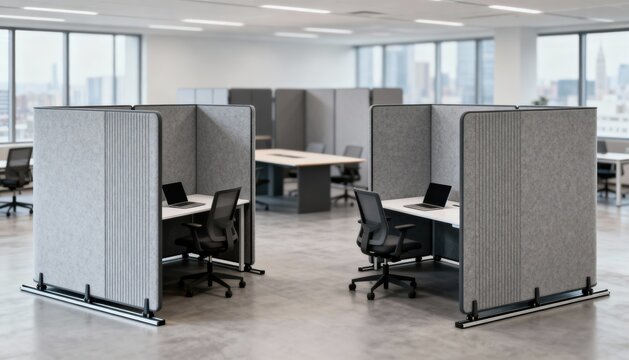 Medium shot capturing the setup of movable soundproof partitions in an openplan area creating private noisecontrolled zones within the larger space