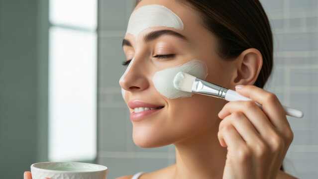 A smiling woman applying a cosmetic face mask with a brush. Skincare and beauty treatment concept for healthy skin. Relaxing self-care routine at home