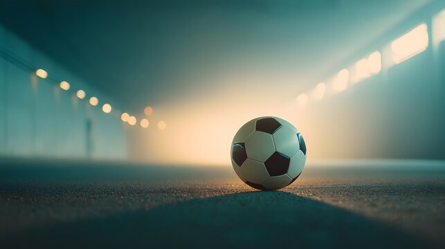 Soccer ball is sitting on the ground in a dark, empty tunnel. The ball is white and black, and it is the only object in the scene. Scene is somber and quiet