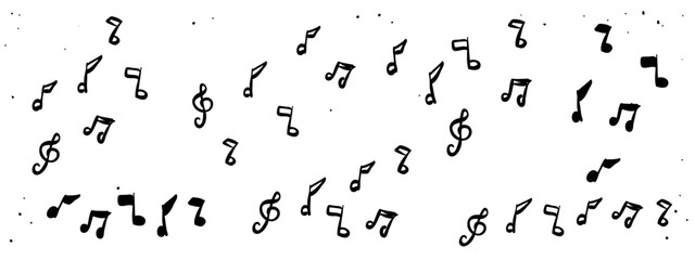 Set of whimsical hand drawn music notes, treble clefs in minimal ink outline style. Vintage retro chalk crayon scribble texture vector. Scrapbook designs, vignetting elements, creative projects  © Marharyta