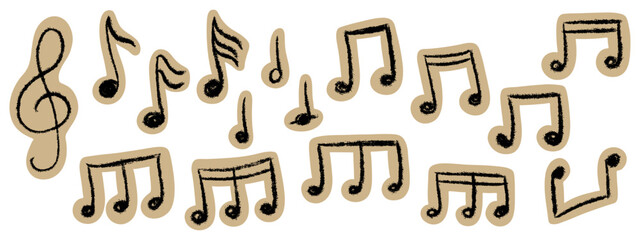 Hand drawn grunge music note stickers with chalk, crayon texture and paper cutout look. Vintage scrapbook craft elements for collage, journal and zine designs. Vector sketch set, isolated.