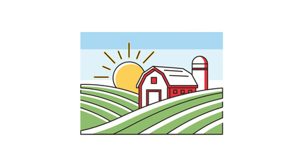 Idyllic Farm Landscape with Barn and Sunrise