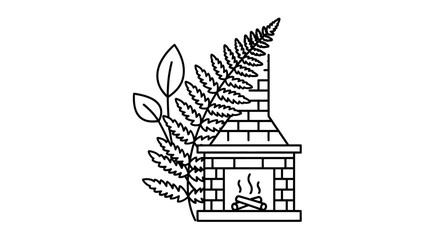 Cozy Fireplace Scene with Fern Leaves - Nature Inspired Outline Illustration