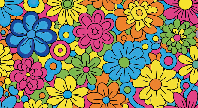 Vibrant floral pattern with retro psychedelic flower power design.