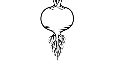 Black and white line art illustration of a root vegetable with roots