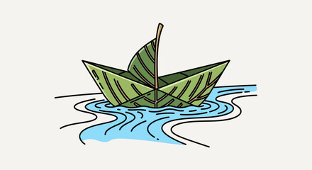 Green Leaf Paper Boat Floating on Blue Water