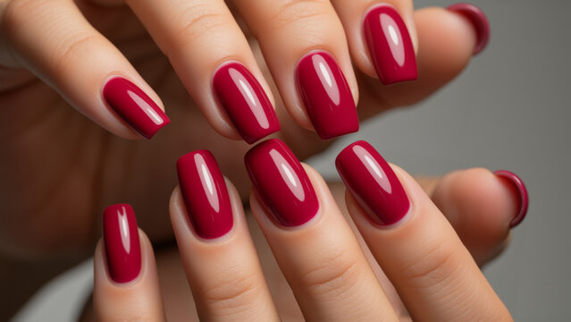 Woman's hands with a classic red manicure. Perfect glossy gel polish on well-groomed nails. Beauty salon and nail care concept - Powered by Adobe