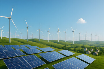 Wind turbines and solar panels on green rolling hills near village under clear blue sky illustrating clean renewable energy production and sustainable rural living
