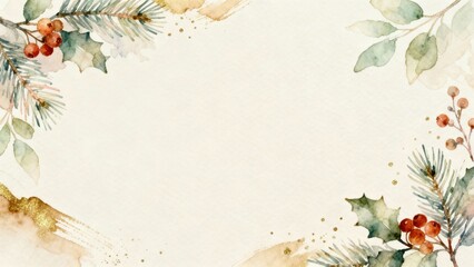 Watercolor Christmas Border Red Berries Greenery Gold Accents Festive Decoration Background Invitation Winter Holiday Seasonal Design