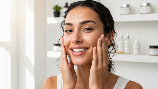 Happy young woman touching her perfect healthy skin. Smiling female model enjoying her daily beauty routine. Skincare and cosmetology concept