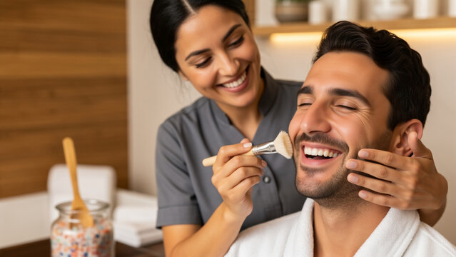 Happy man receiving a relaxing facial treatment at a spa. Professional beautician applying a cosmetic product with a brush to a male client's face. Men's grooming and skincare concept