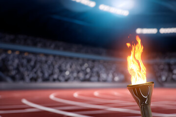 Torch flame shining brightly in a modern stadium during a major athletic event