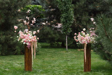 Coziness and style. Modern event design. European traditional wedding ceremony decoration and...