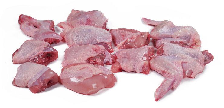 Cut the raw chicken into 12 pieces: legs, breast, and wings. - Powered by Adobe