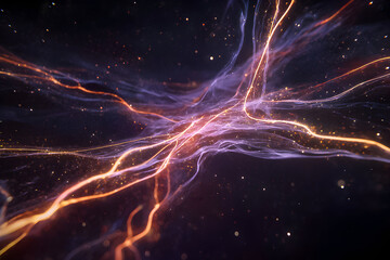 Bright cosmic energy swirling through the universe in vibrant orange and purple tones