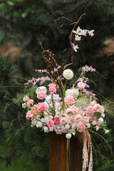 Coziness and style. Modern event design. European traditional wedding ceremony decoration and...