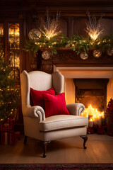 Obraz premium Cozy holiday armchair by glowing fireplace with festive decorations and warm ambiance in winter season