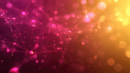 A dynamic digital network of interconnected nodes and binary code, glowing pink and orange. Abstract data visualization with vibrant bokeh lights.