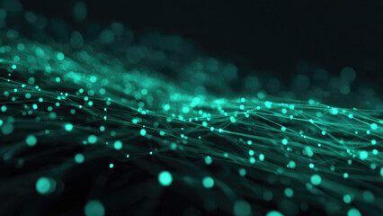 A dynamic abstract digital network of glowing teal points interconnected by fine lines, representing data flow, technology, and futuristic communication across a dark background.