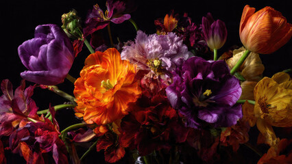 Dramatic still life bouquet of vibrant, richly textured tulips and exotic flowers in purple, orange, red, and yellow, dark background.