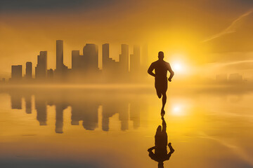 Running towards a golden sunrise over a city skyline reflecting on calm water