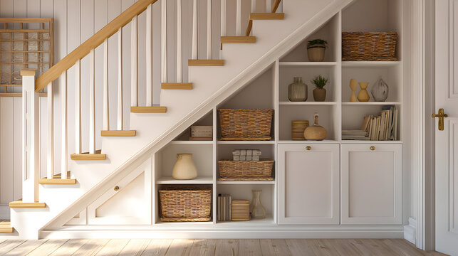Cozy living space under staircase with stylish storage solutions and warm decor elements