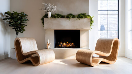 Cozy interior with modern furniture and a fireplace in a sunlit living room