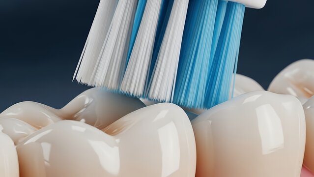 Close-up of a toothbrush with blue and white bristles cleaning healthy teeth, illustrating dental hygiene and oral care.