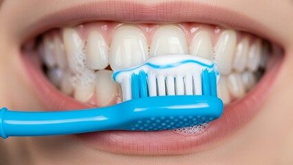 Detailed close-up of a blue toothbrush with toothpaste brushing bright white teeth with foam for oral hygiene.