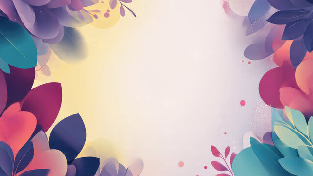 A vibrant abstract floral background with colorful overlapping leaves and petals framing a soft, light-filled center, perfect for serene designs. - Powered by Adobe