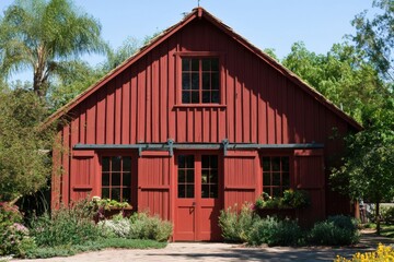 Fototapeta premium Red barn surrounded by greenery in a sunny rural setting showcases rustic charm and peacefulness under a clear sky, creating an inviting atmosphere