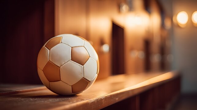 Soccer ball is sitting on a wooden bench. The ball is white and brown, and it is the only object in the image