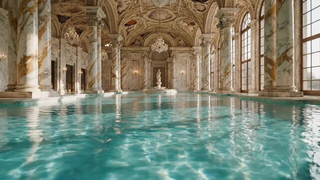 Opulent indoor swimming pool area with ornate architecture and natural light
