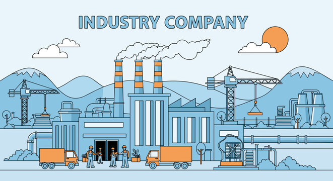 Industrial factory complex with cranes workers smokestacks and trucks Manufacturing line art background