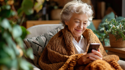 Happy senior woman using phone at home, armchair and blanket, gentle daylight, connected and content, with copy space