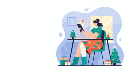 Woman using tablet for holiday work or shopping in a festive home office