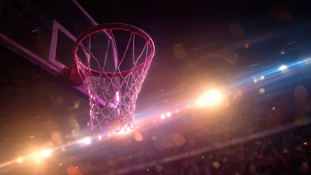 A vibrant, illuminated basketball hoop hangs in a dark arena, surrounded by energetic lens flares and a cheering crowd.