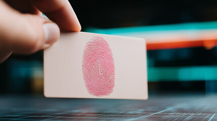 A red fingerprint on a card for biometric identification. Cybersecurity and digital identity authentication concept with futuristic technology for secure access