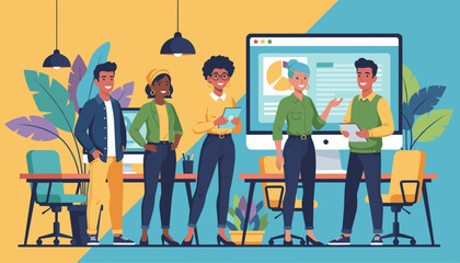 Professional diverse team collaborating in a vibrant modern office setting